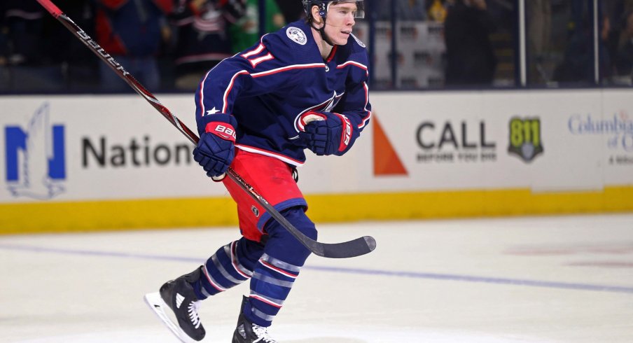 Apr 5, 2018; Columbus, OH, USA; Columbus Blue Jackets left wing Matt Calvert (11) reacts to scoring a goal against the Pittsburgh Penguins in the first period at Nationwide Arena.