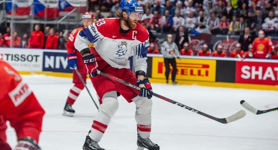 BRATISLAVA, SLOVAKIA - MAY 13: #93 Jakub Voracek (CZE) in action during the 2019 IIHF Ice Hockey World Championship Slovakia group game between Russia and Czech Republic at Ondrej Nepela Arena on May 13, 2019 in Bratislava, Slovakia.