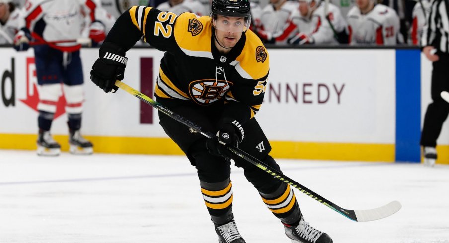 Apr 18, 2021; Boston, Massachusetts, USA; Boston Bruins center Sean Kuraly (52) during the third period against the Washington Capitals at TD Garden.