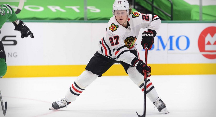 Mar 9, 2021; Dallas, Texas, USA; Chicago Blackhawks defenseman Adam Boqvist (27) in action during the game between the Dallas Stars and the Chicago Blackhawks at the American Airlines Center.