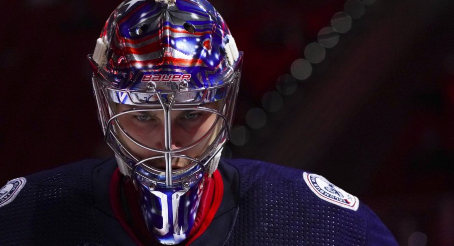 May 1, 2021; Raleigh, North Carolina, USA; Columbus Blue Jackets goaltender Elvis Merzlikins (90) gets ready for the start of the third period against the Carolina Hurricanes at PNC Arena.