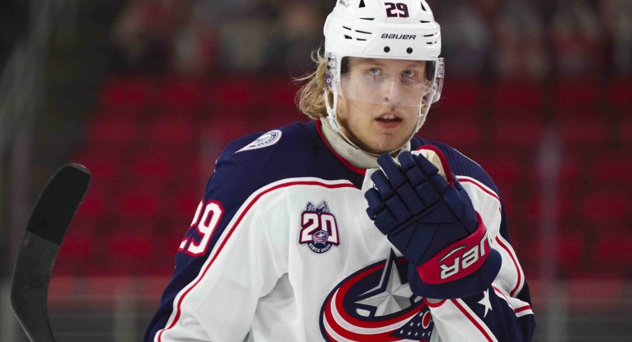 Caption: Feb 15, 2021; Raleigh, North Carolina, USA; Columbus Blue Jackets right wing Patrik Laine (29) looks on against the Carolina Hurricanes at PNC Arena.