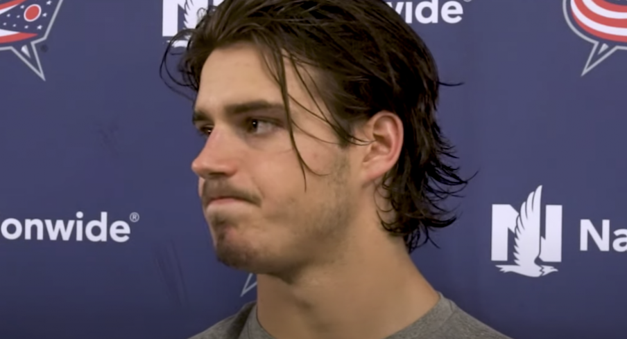 Columbus Blue Jackets forward Cole Sillinger speaks to reporters after a preseason NHL game at Nationwide Arena.