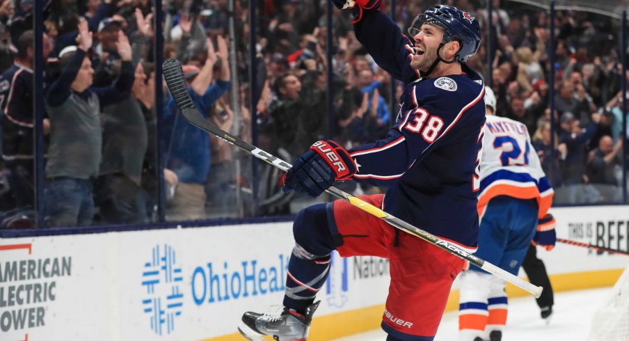 Oct 19, 2019; Columbus, OH, USA; Columbus Blue Jackets center Boone Jenner (38) celebrates scoring a goal against the New York Islanders in the second period at Nationwide Arena.