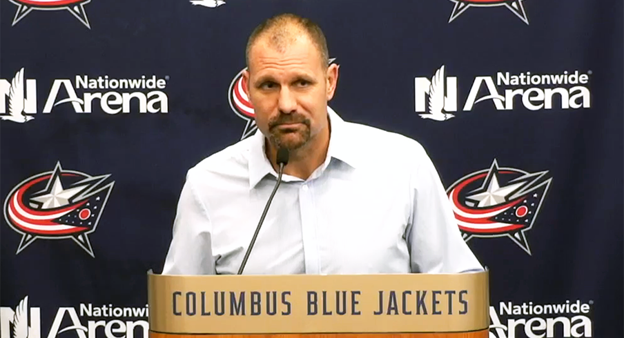 Brad Larsen speaks to the media after the Blue Jackets' 8-2 win on Opening Night.
