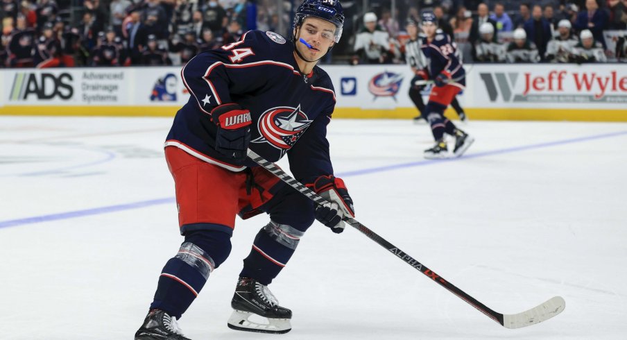 Oct 14, 2021; Columbus, Ohio, USA; Columbus Blue Jackets center Cole Sillinger (34) skates against the Arizona Coyotes in the third period at Nationwide Arena.