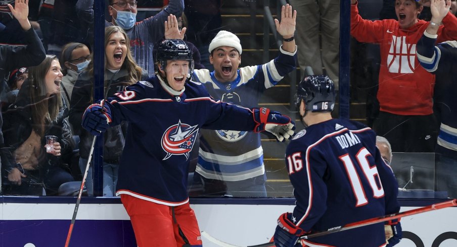 Patrik Laine celebrates his overtime game-winner as the Columbus Blue Jackets move to 2-0-0 on the season with a 2-1 victory over the Seattle Kraken.