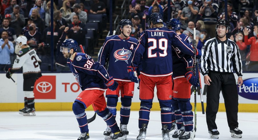 Oliver Bjorkstrand celebrates a power play goal