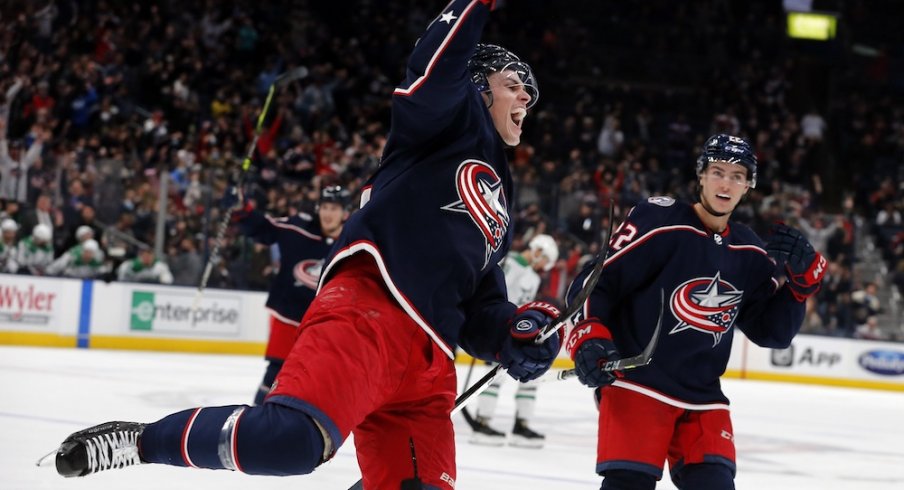 Columbus Blue Jackets' Gregory Hofmann celebrates his second period against the Dallas Stars at Nationwide Arena Monday night.