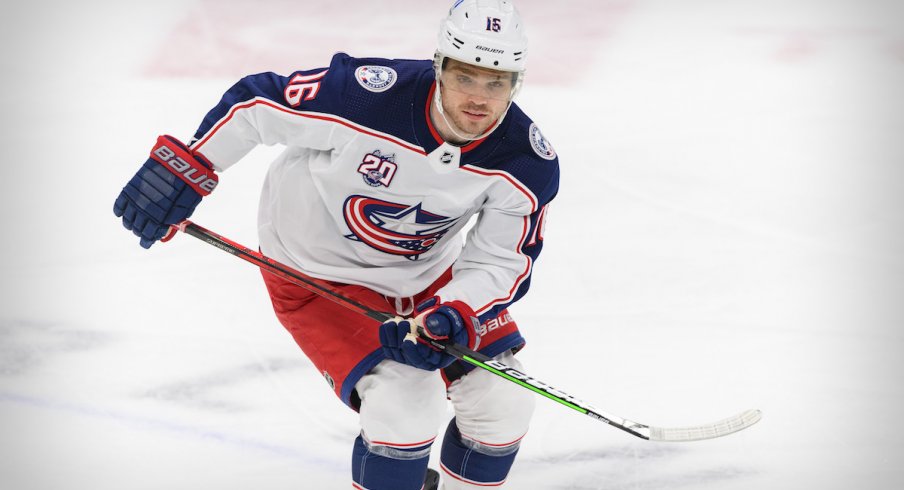 Columbus Blue Jackets center Max Domi (16) in action during the game between the Dallas Stars and the Columbus Blue Jackets at the American Airlines Center.