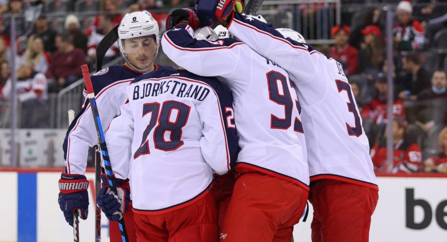 Oct 31, 2021; Newark, New Jersey, USA; The Columbus Blue Jackets celebrate a goal by Columbus Blue Jackets right wing Oliver Bjorkstrand (28) against the New Jersey Devils during the first period at Prudential Center.