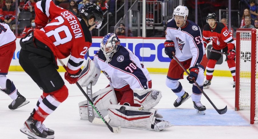 Joonas Korpisalo made 36 saves for the Columbus Blue Jackets in their 4-3 shootout win at the New Jersey Devils.