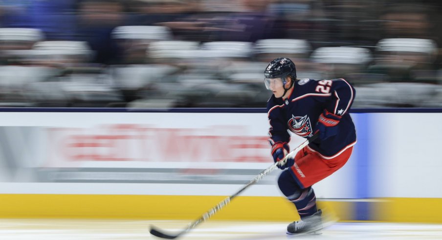 Oct 14, 2021; Columbus, Ohio, USA; Columbus Blue Jackets right wing Patrik Laine (29) skates with the puck against the Arizona Coyotes in the second period at Nationwide Arena.