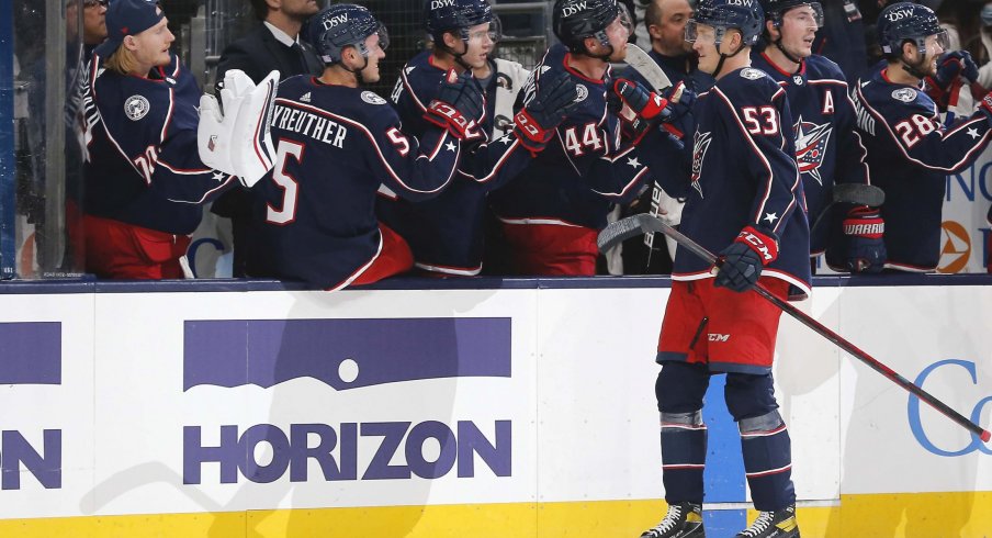 Nov 6, 2021; Columbus, Ohio, USA; Columbus Blue Jackets defenseman Gabriel Carlsson (53) celebrates a goal against the Colorado Avalanche during the first period at Nationwide Arena.