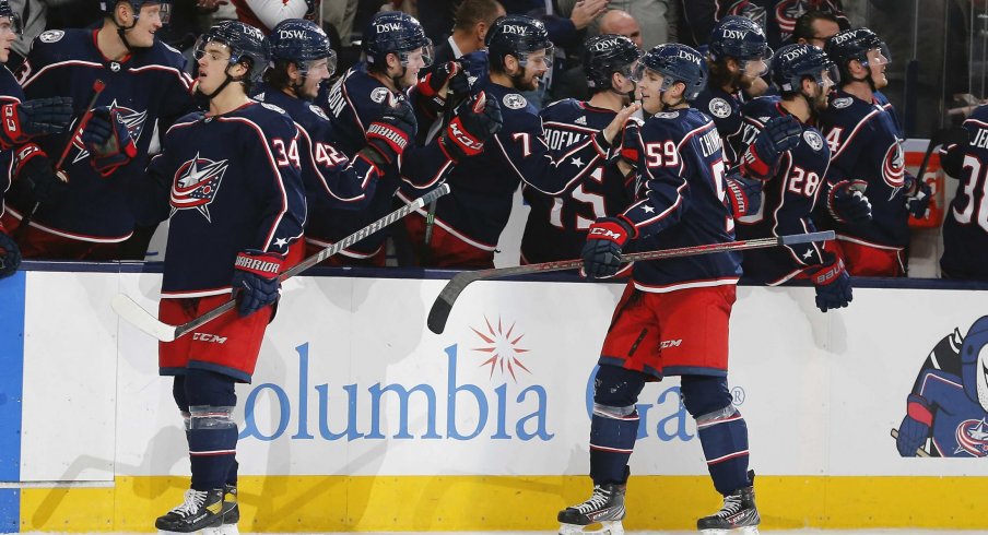 Nov 6, 2021; Columbus, Ohio, USA; Columbus Blue Jackets right wing Yegor Chinakhov (59) celebrates after a goal against the Colorado Avalanche during the third period at Nationwide Arena.