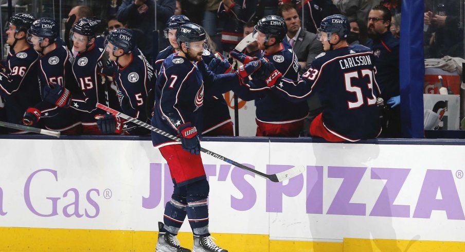 Nov 12, 2021; Columbus, Ohio, USA; Columbus Blue Jackets center Sean Kuraly (7) celebrates a goal during the second period against the Washington Capitals at Nationwide Arena.