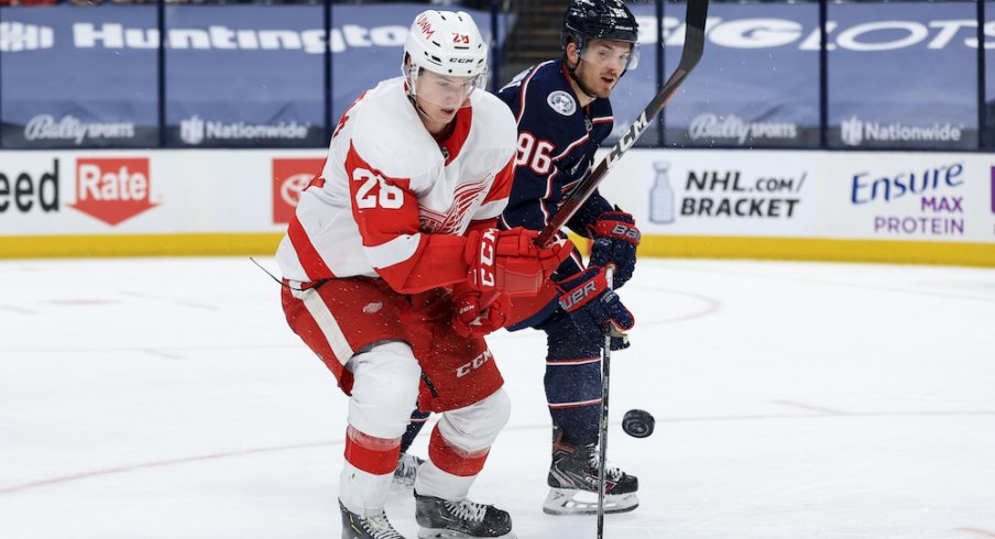 Detroit Red Wings defenseman Gustav Lindstrom (28) skates for the loose puck against Columbus Blue Jackets center Jack Roslovic (96) in the third period at Nationwide Arena