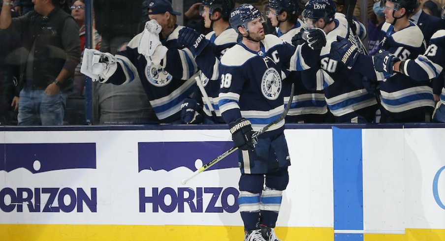 Columbus Blue Jackets' Boone Jenner celebrates his goal against the Detroit Red Wings at Nationwide Arena.