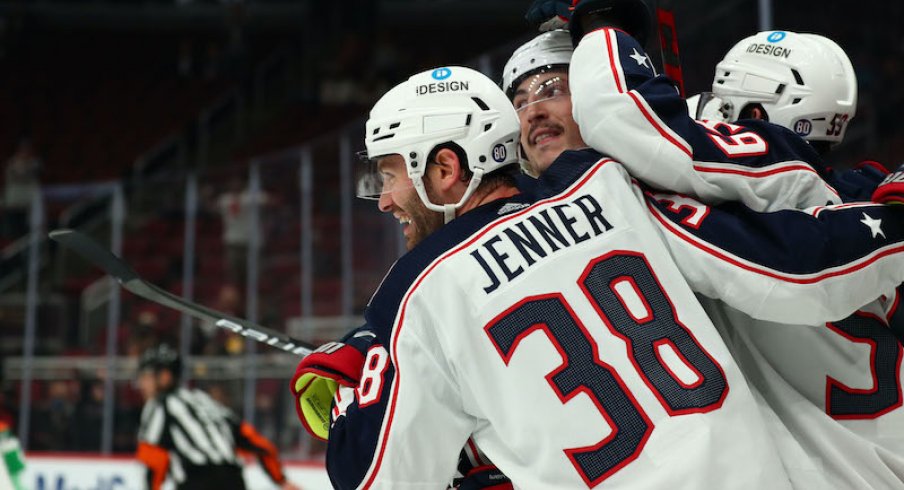 Columbus Blue Jackets center Boone Jenner celebrates his hat trick against the Arizona Coyotes in the third period at Gila River Arena.