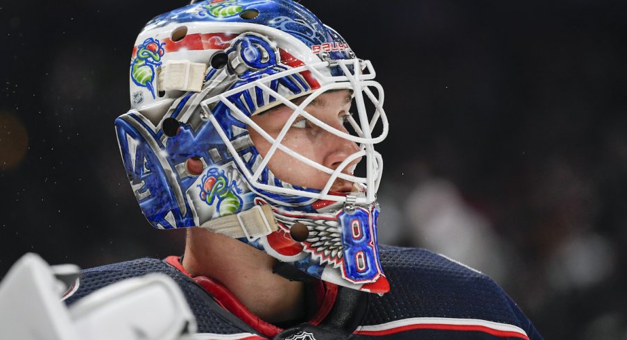 Columbus Blue Jackets goaltender Elvis Merzlikins (90) looks on in the third period against the New York Rangers at Nationwide Arena.