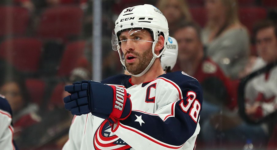 Boone Jenner celebrates one of his three goals at Arizona