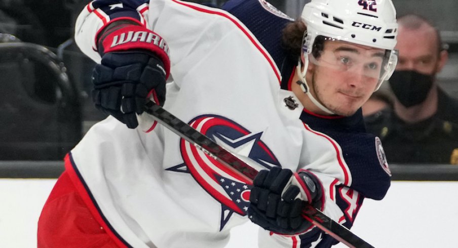 Columbus Blue Jackets' Alexandre Texier shoots his shot against the Vegas Golden Nights at T-Mobile Arena.