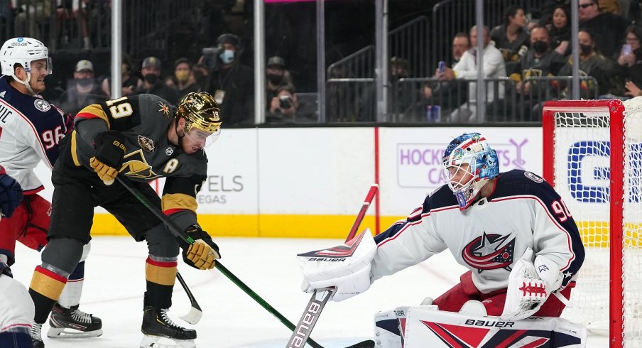 Elvis Merzlikins makes a save against the Vegas Golden Knights