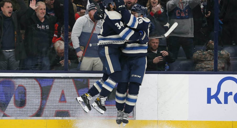 Columbus Blue Jackets right wing Yegor Chinakhov (59) celebrates a goal during the third period against the Detroit Red Wings at Nationwide Arena