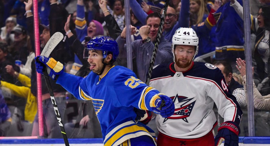 Nov 27, 2021; St. Louis, Missouri, USA; St. Louis Blues center Jordan Kyrou (25) reacts after scoring against the Columbus Blue Jackets during the third period at Enterprise Center.