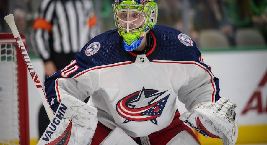 Columbus Blue Jackets goalie Daniil Tarasov looks on against the Dallas Stars at American Airlines Center in Dallas, Texas.