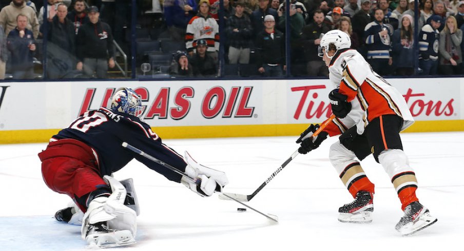 Columbus Blue Jackets' Elvis Merzlikins is beat in the shootout versus Rickard Rakell of the Anaheim Ducks at Nationwide Arena.