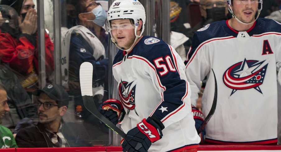 Columbus Blue Jackets' forward Eric Robinson celebrates his second goal of the first period against the Vancouver Canucks at Rogers Arena.