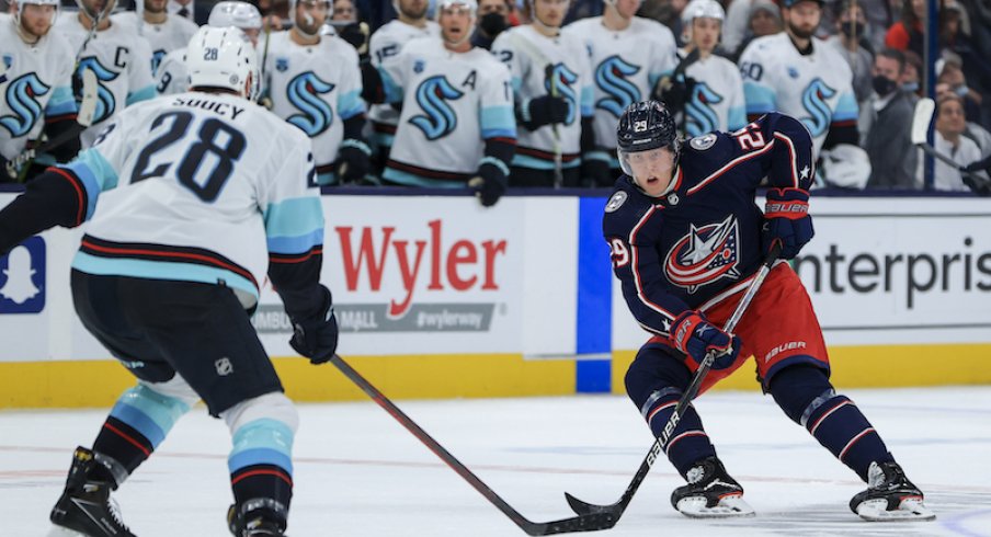 Columbus Blue Jackets' Patrik Laine skates with the puck in overtime against the Seattle Kraken at Nationwide Arena in Columbus, Ohio.