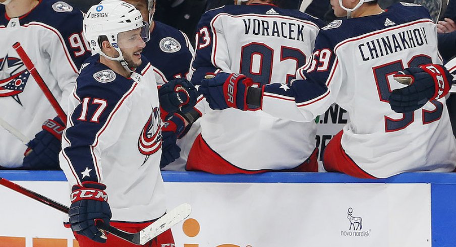 Columbus Blue Jackets' Justin Danforth celebrates his third period goal against the Edmonton Oilers at Rogers Place.