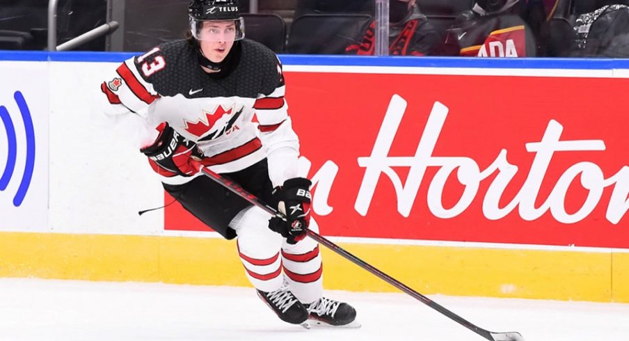 Kent Johnson skates for Team Canada at the IIHF World Junior Championship