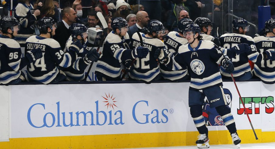 Alexandre Texier celebrates his third period goal against the Nashville Predators on Thursday at Nationwide Arena.