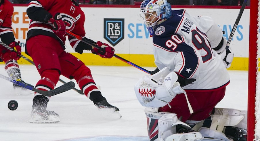 Columbus Blue Jackets' Elvis Merzlikins against the Carolina Hurricanes at PNC Arena.