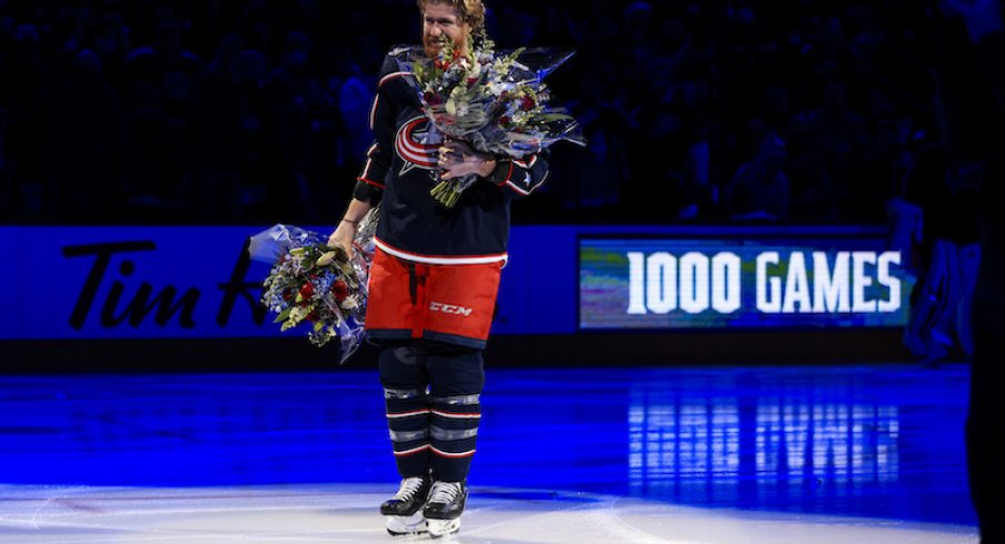 Columbus Blue Jackets right wing Jakub Voracek is celebrated for his 1000 career games ahead of the game against the New Jersey Devils at Nationwide Arena.