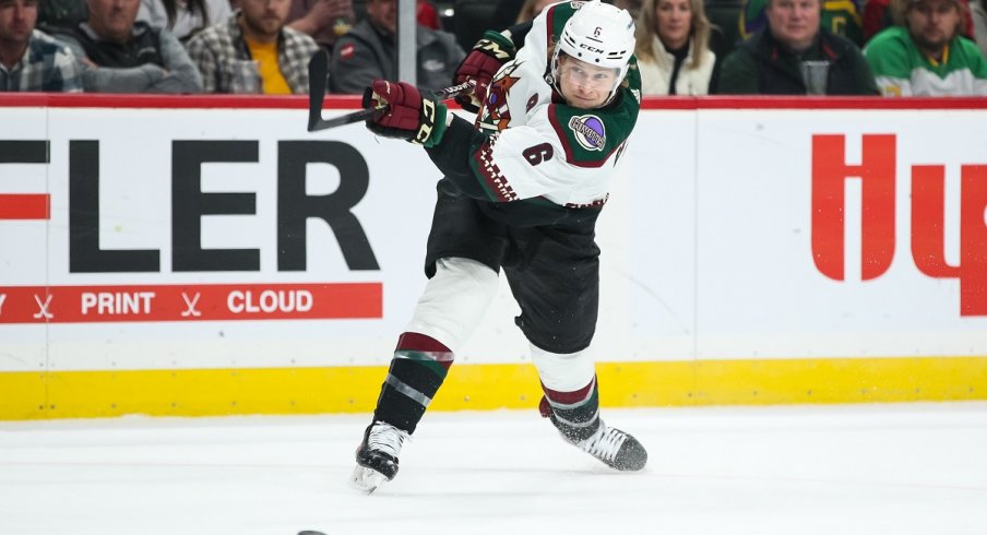 Arizona Coyotes defenseman Jakob Chychrun shoots the puck