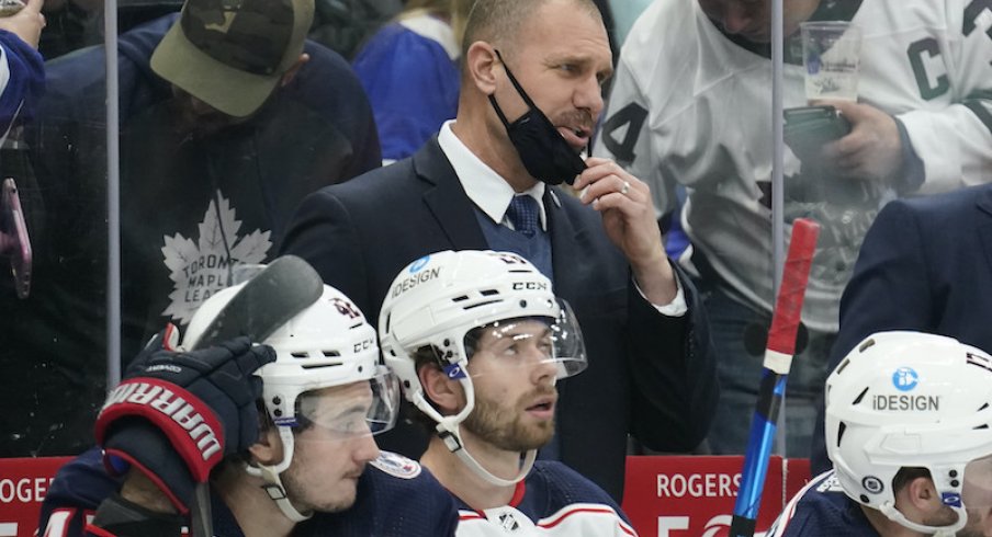 Columbus Blue Jackets head coach Brad Larsen looks on against the Toronto Maple Leafs at Scotiabank Arena.