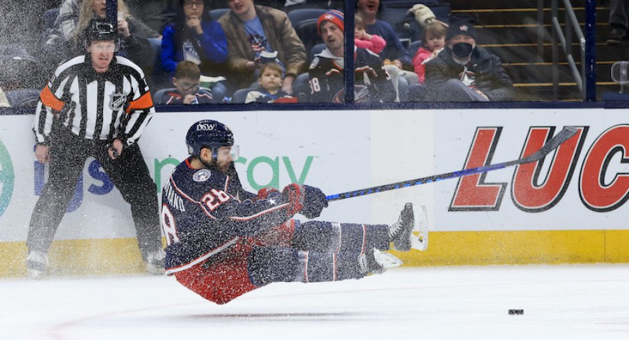 Columbus Blue Jackets' Oliver Bjorkstrand loses his footing against the New York Rangers at Nationwide Arena.