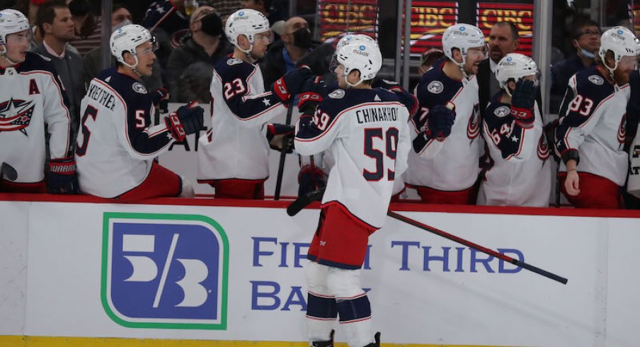 Columbus Blue Jackets' Yegor Chinakhov celebrates his first period goal against the Chicago Blackhawks.