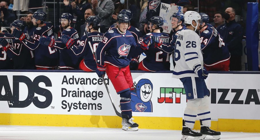 Feb 22, 2022; Columbus, Ohio, USA; Columbus Blue Jackets right wing Patrik Laine (29) celebrates a goal against the Toronto Maple Leafs during the second period at Nationwide Arena.