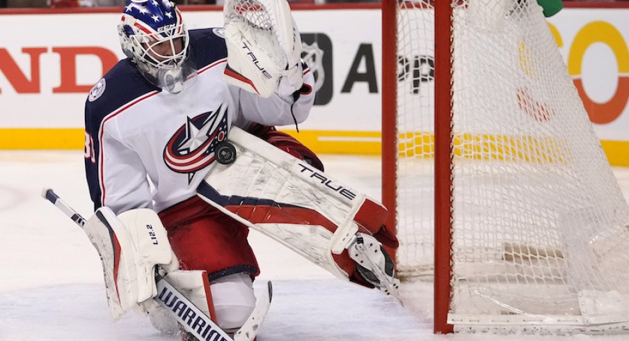 Columbus Blue Jackets' J-F Berube makes a save against the Florida Panthers at FLA Live Arena.