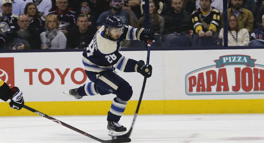 Feb 26, 2019; Columbus, OH, USA; Columbus Blue Jackets right wing Oliver Bjorkstrand (28) wrists a shot on goal against the Pittsburgh Penguins during the second period at Nationwide Arena.