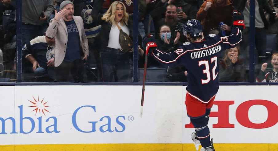 Columbus Blue Jackets' Jake Christiansen celebrates his first career goal against the New Jersey Devils at Nationwide Arena.
