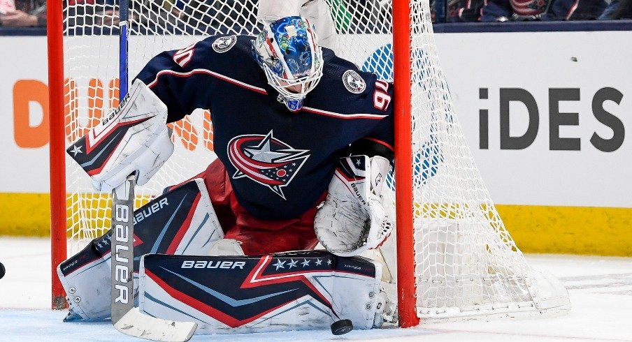 Columbus Blue Jackets goaltender Elvis Merzlikins makes a save against the Toronto Maple Leafs in the second period at Nationwide Arena.