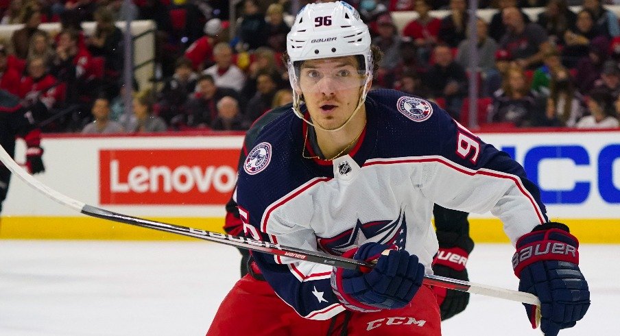 Columbus Blue Jackets center Jack Roslovic skates against the Carolina Hurricanes during the second period at PNC Arena.