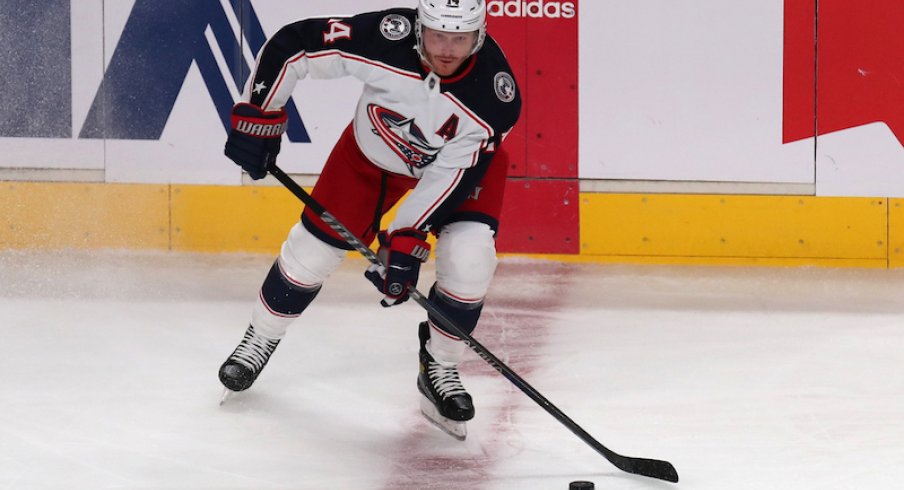 Gus Nyquist playing the puck in the second period against the Montreal Canadiens at Bell Centre.