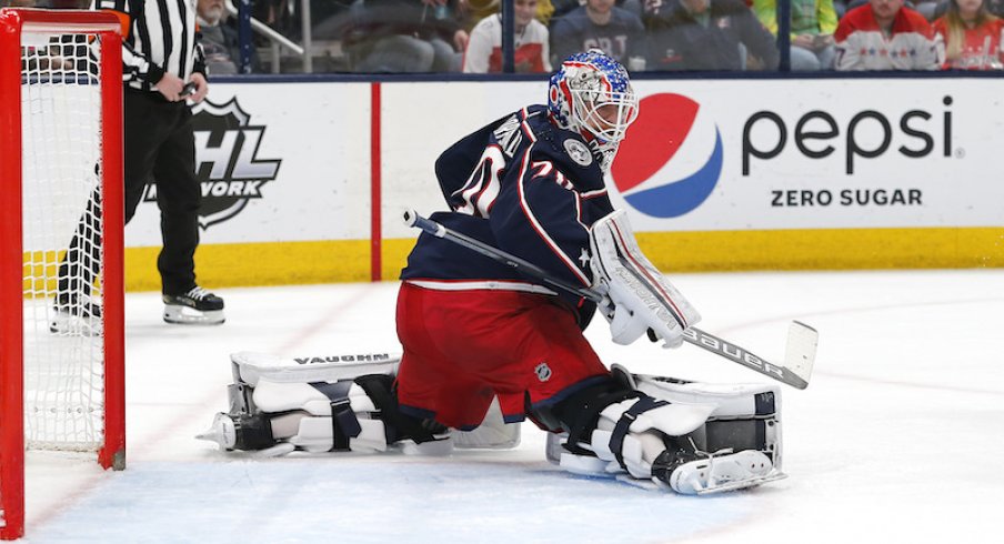 Columbus Blue Jackets' Joonas Korpisalo makes a save against the Washington Capitals.